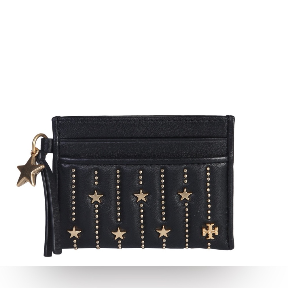 Tory Burch Black Leather Card Holder With Gold Star Accents